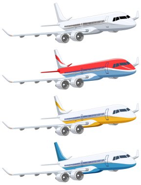 Beyaz arka planda izole bir şekilde uçan ticari havayolu uçaklarının vektör karikatürü.