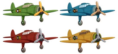 Farklı renklerde dört klasik askeri uçak beyaz arka planda izole edilmiş.