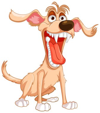 Ağzı açık, keskin dişleri olan beyaz bir arka planda izole edilmiş çılgın bir köpeğin çizgi film çizimi.