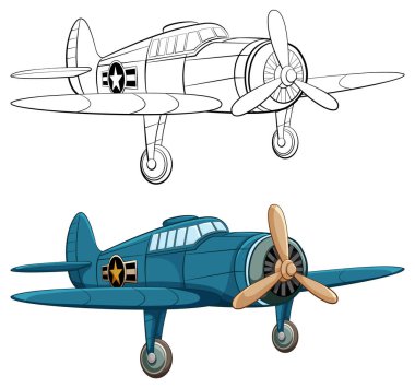 Mavi askeri klasik bir klasik uçak ve beyaz renkli sayfaların ana hatları.