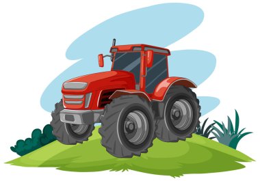 Tepedeki kırmızı traktörün beyaz bir arkaplanda izole edilmiş bir çizimi.