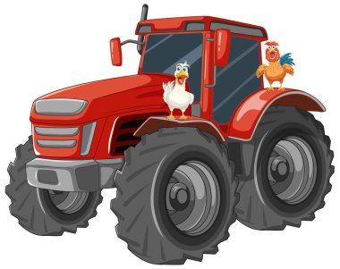 Traktörün üzerinde duran tavuk ve ördeğin çizgi film çizimi.