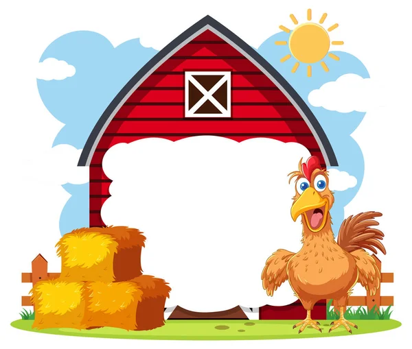 Kreskówkowa Ilustracja Kurczaka Stojącego Przed Stodołą Chorągwią Tle — Wektor stockowy