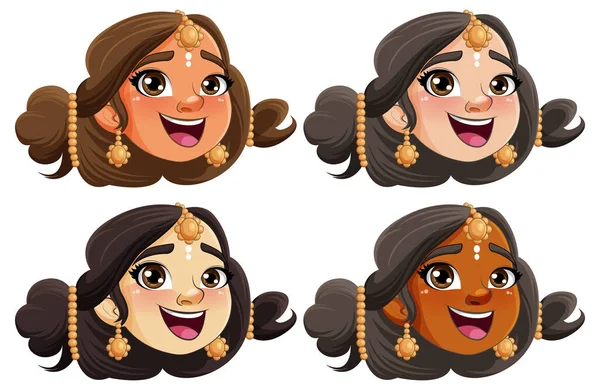Conjunto Cara Personaje Dibujos Animados India Sonriente Ilustración — Archivo Imágenes Vectoriales