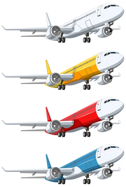 Set Commercial Airline Airplanes Taking Isolated White Background Vector Cartoon — Stock Vector