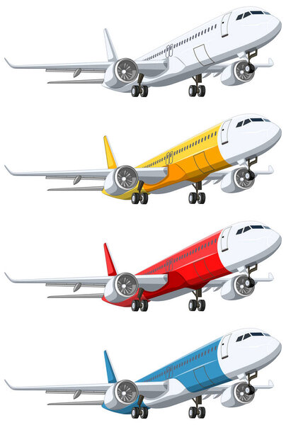 A set of commercial airline airplanes taking off, isolated on a white background in a vector cartoon illustration style