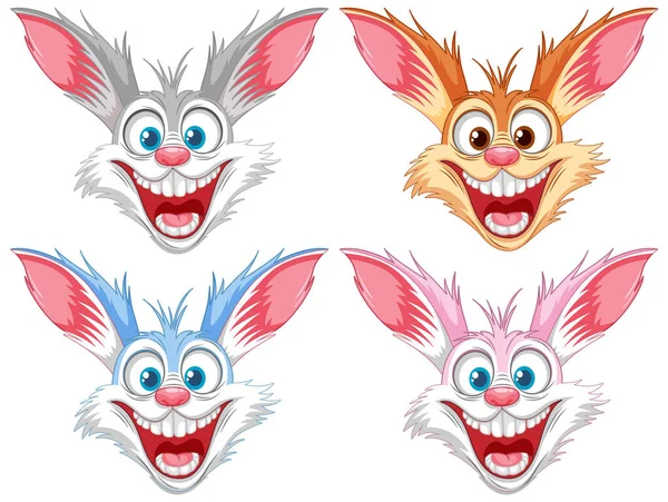 Four Cartoon Rabbits Wide Smiles Isolated White Background — Stock Vector