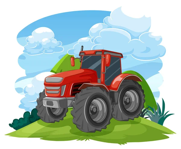 Красный Трактор Едет Вверх Холму Сельской Местности Фоне Катящихся Холмов — стоковый вектор