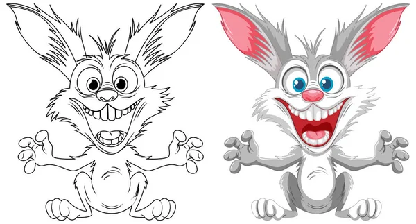 Cartoon Rabbit Scary Smile Jumping Isolated White Coloring Pages — Stock Vector