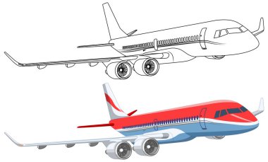 Ticari bir havayolu uçağının basit bir çizimi. Renkli bir ana hatları var.