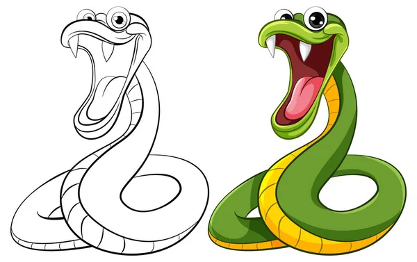 Illustrazione Cartoni Animati Serpente Giallo Verde Con Scaglie Contorno Pagine — Vettoriale Stock