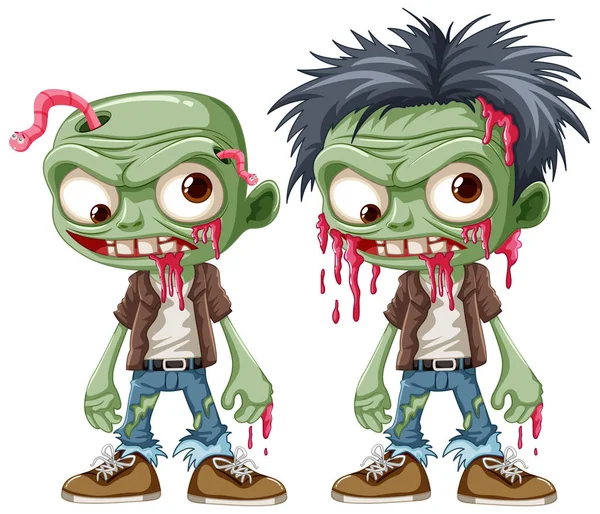 Collection Green Zombie Cartoon Characters Vector Illustration Style — Stock Vector