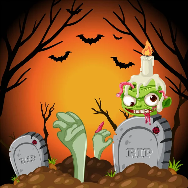 Zombie Wakes Next Tombstone Spooky Cemetery Halloween Night — Stock Vector