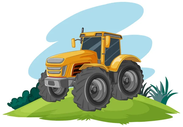 Cartoon Illustration Yellow Tractor Hill Isolated White Background — Stock Vector