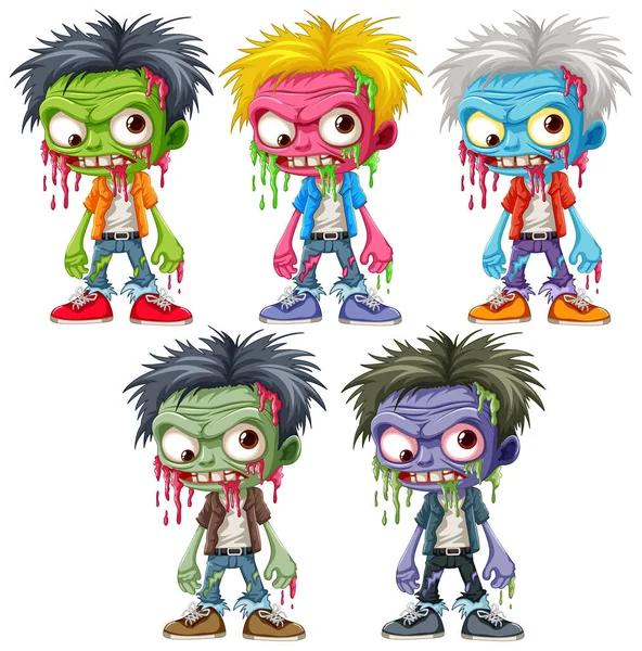 Een Verzameling Van Vijf Vector Cartoon Illustraties Met Zombie Karakters — Stockvector