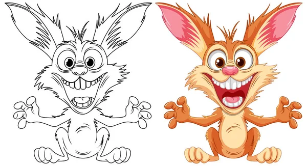 Cartoon Rabbit Scary Smile Jumping Isolated White Colouring Pages — Stock Vector