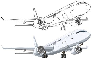 A cartoon illustration of a commercial airline airplane taking off and its outline for colouring pages clipart