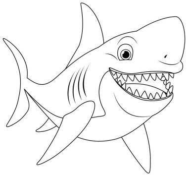 Büyük beyaz köpekbalığının karikatür çizimi. Kocaman dişleri olan, gülümseyen ve yüzen, beyaz tenli.