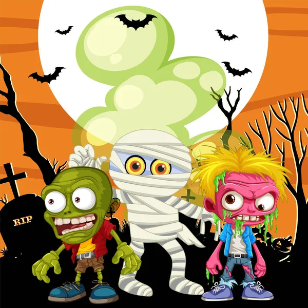 Gruselige Zeichentrickfiguren Erkunden Der Halloween Nacht Einen Friedhof — Stockvektor
