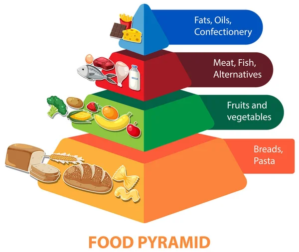Ilustrowana Infografika Przedstawiająca Kreskówkową Piramidę Żywności Odżywiania — Wektor stockowy