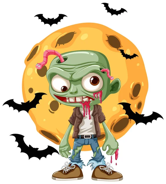 Spooky Cartoon Scene Featuring Zombie Big Moon Flying Bat — Stock Vector