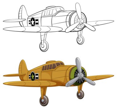 Beyaz renkli sayfalar için sarı bir askeri klasik klasik uçak taslağı.