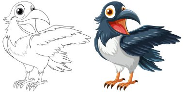 Gülümseyen bir kuzgunun, beyaz bir arkaplan çiziminde izole edilmiş, açık bir kanadı olan bir vektör çizimi.