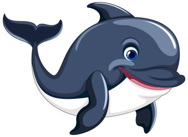 Beyaz bir arkaplanda yüzen ve gülümseyen bir yunusun vektör çizimi.