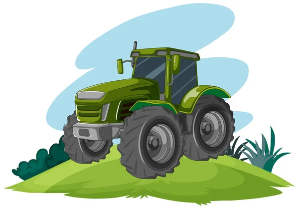 Egy Rajzfilm Illusztráció Egy Zöld Traktor Egy Dombon Elszigetelt Fehér — Stock Vector