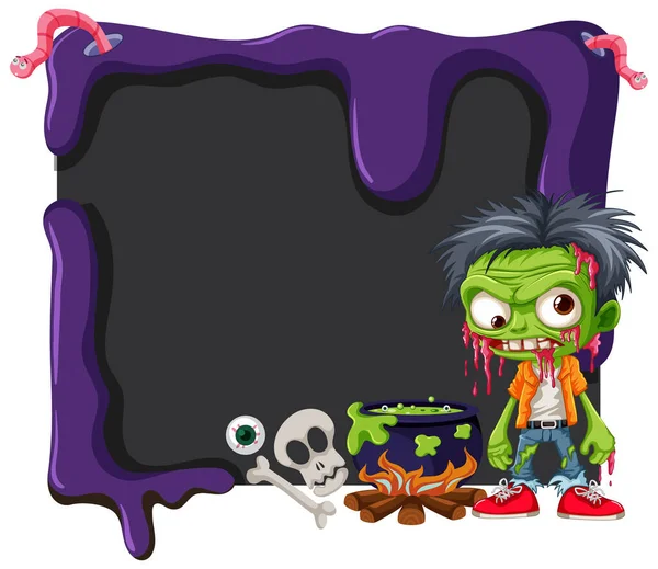 Vector Cartoon Illustration Zombie Witch Cooking Potion Blackboard Banner Halloween — Stock Vector