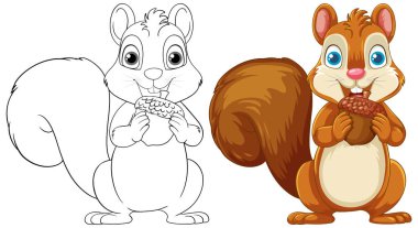 A cartoon illustration of a smiling squirrel holding an acorn, isolated on white clipart