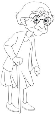 Yaşlı bir büyükanne, vektör karikatür tarzında çizilmiş baston kullanıyor.