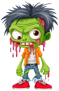Erkek bir zombi çizgi film karakterinin kanlı bir çizimi.