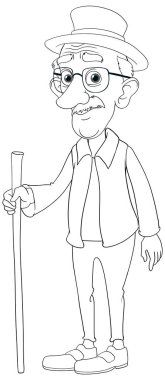 Elinde bastonla yürüyen yaşlı bir adamın tasviri.