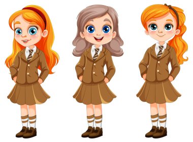 Farklı ırklardaki tatlı kız üniformalı öğrenci çizimi.