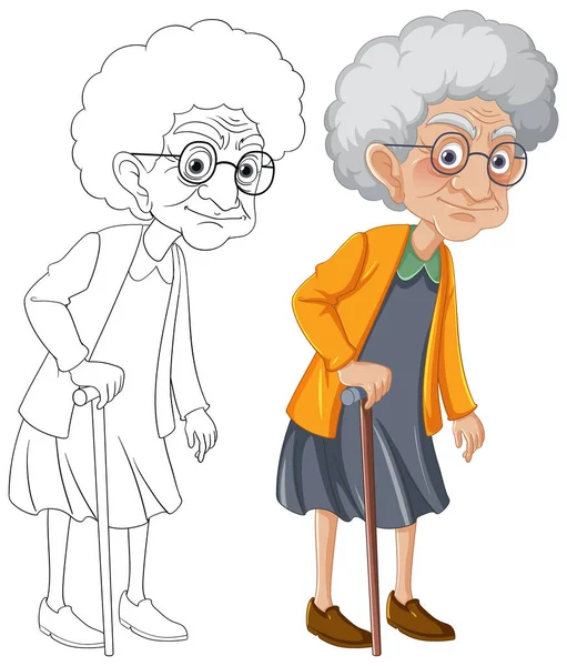 老祖母用手杖走路的老祖母 画在卡通风格的矢量图上 — 图库矢量图片