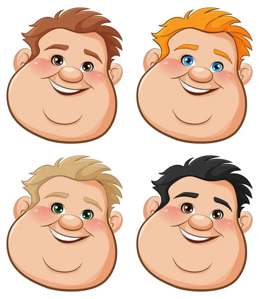 円形の顔と陽気な表情を持つ4人の男性は ベクトル漫画のイラストに描かれています — ストックベクタ