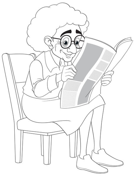 An elderly woman wearing glasses sits on a vintage chair, engrossed in reading a newspaper