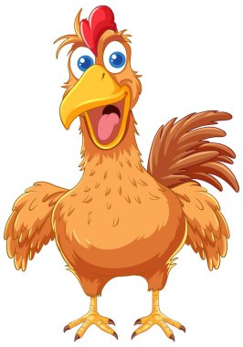 Kahverengi tüylü neşeli çizgi film tavuğu, beyaz bir arka planda izole edilmiş.