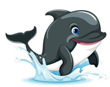 A cartoon illustration of a dolphin smiling and jumping out of the water, isolated on a white background
