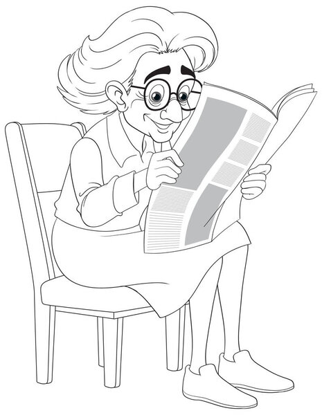 An old grandmother wearing glasses sits on a vintage chair, engrossed in reading a newspaper