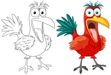 Beyaz bir karikatür üzerinde izole edilmiş, çıldırmış bir kuşun çizimi.