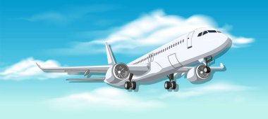 Açık mavi bir arka planda uçan ticari bir uçağın karikatür çizimi.