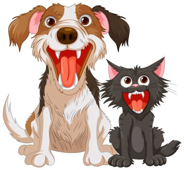 Ağızları açık ve keskin dişleri olan beyaz bir arka planda izole edilmiş kedi ve köpeğin çizgi film çizimi.