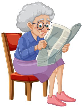 Gözlük takan yaşlı büyükanne eski koltukta gazete okumayı sever.