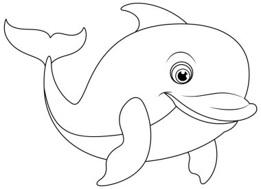 Beyaz üzerine izole edilmiş, gülümseyen bir yunus hatlarının vektör karikatürü.