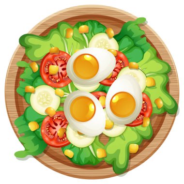 Tahta tabakta taze sebzeli lezzetli ve besleyici yumurta salatası.