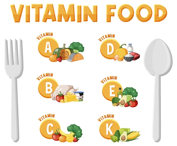 Vitamin Içeriğine Göre Sınıflandırılmış Çeşitli Yiyecek Türlerinin Çizimi — Stok Vektör