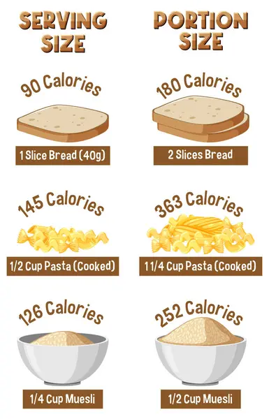 Comparing Calorie Content Carbs Present Portion Sizes — Stock Vector