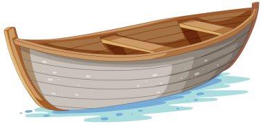 Sakin bir gölde süzülen tahta kürek teknesinin karikatür çizimi.